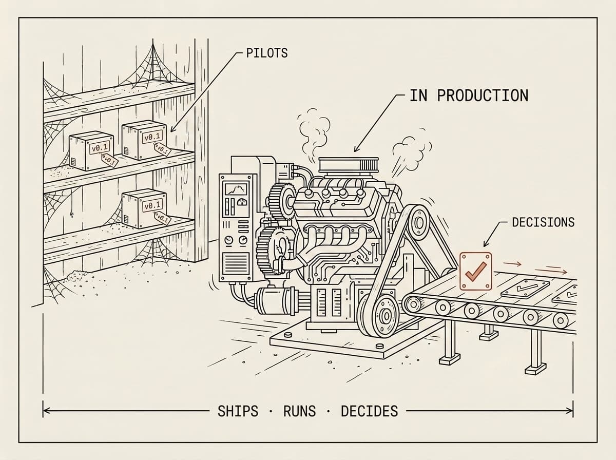 Schematic: pilot boxes gather cobwebs on a shelf while a production engine runs a conveyor of decisions. Ships, runs, decides.