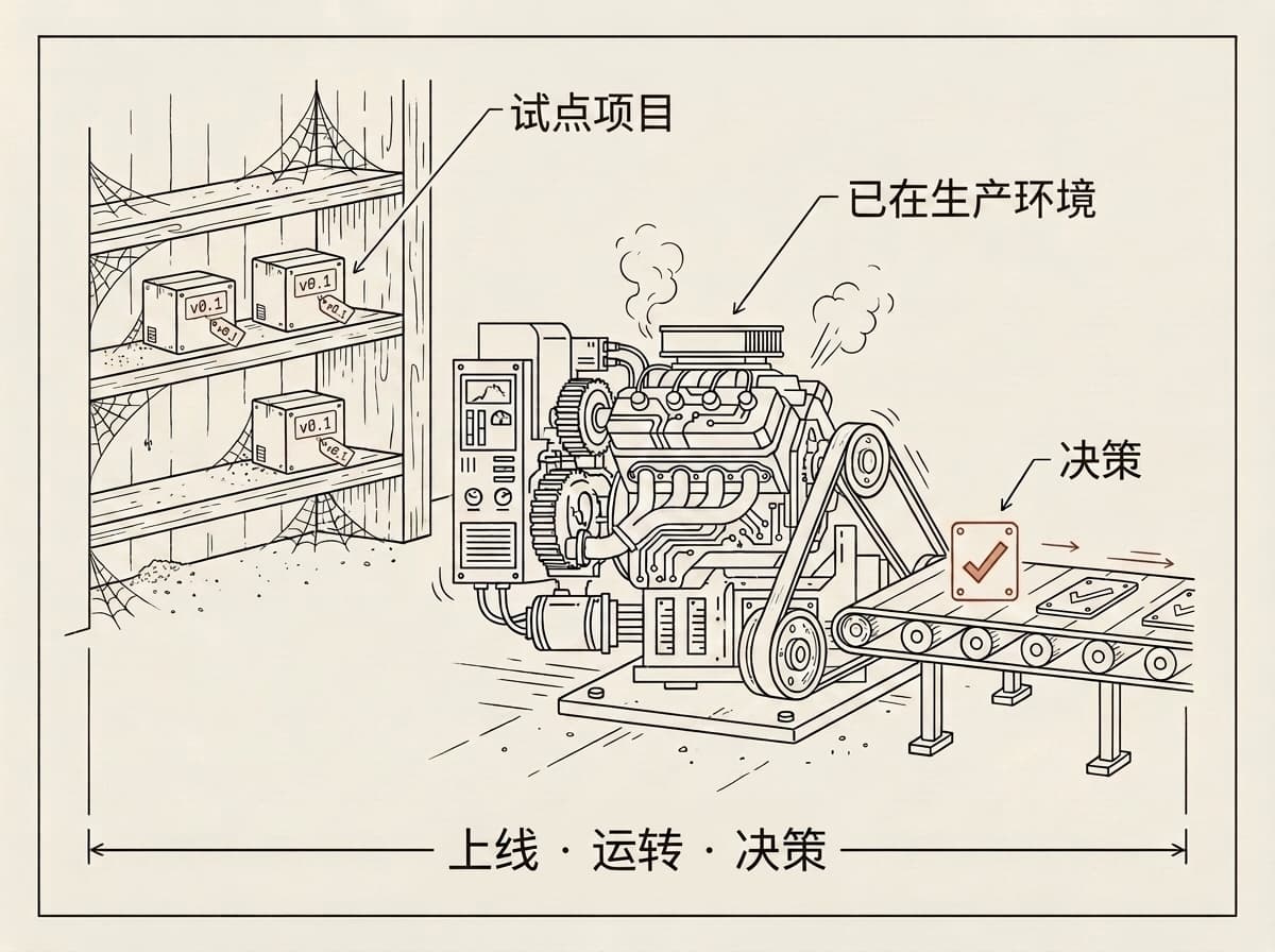 示意图:试点盒子在架子上落灰,生产引擎却带着传送带不停输出决策。上线、运转、做决策。