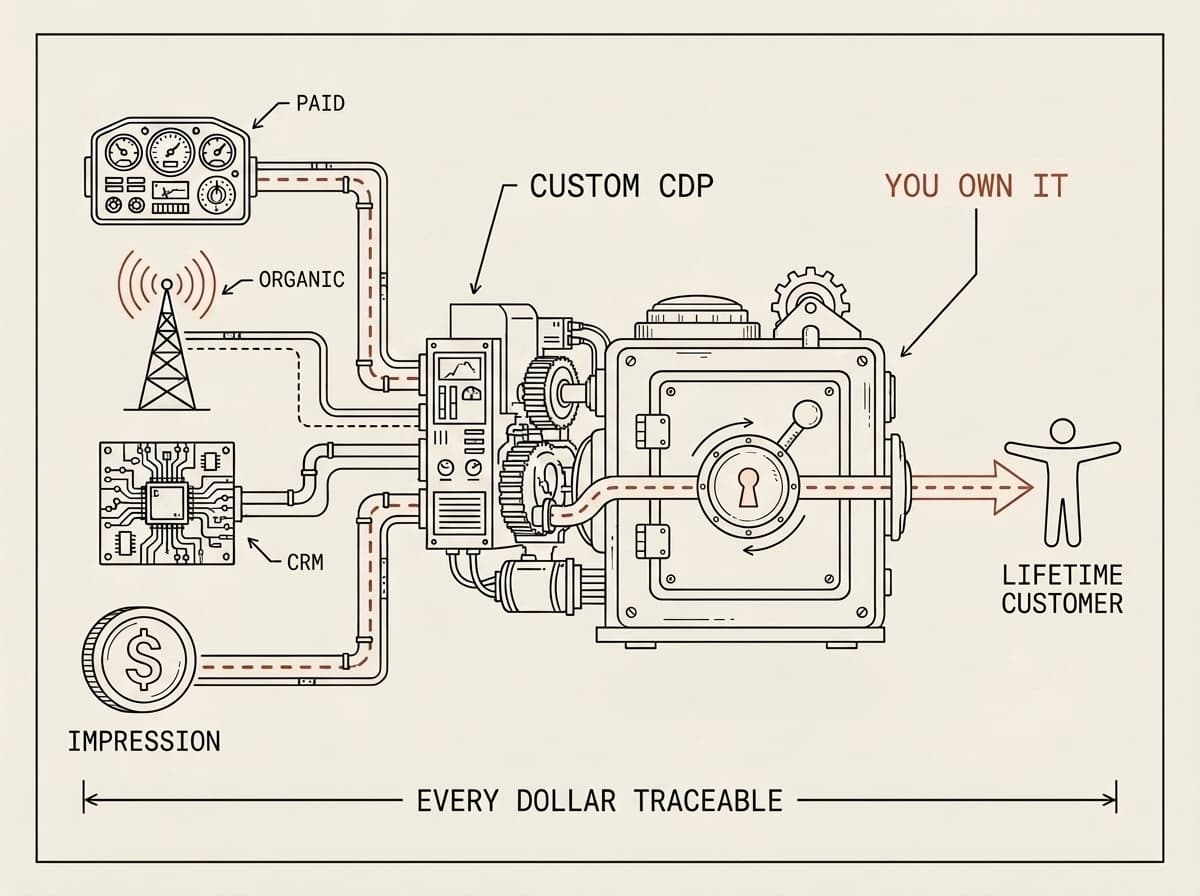 Schematic: paid, organic, and CRM feed a custom CDP you own; one red path traces a dollar from impression to lifetime customer.