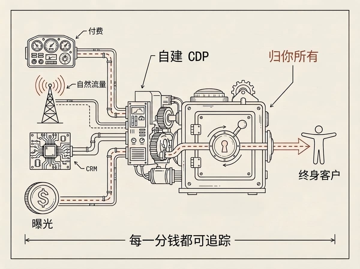 示意图:付费、自然流量和 CRM 汇入一套归你所有的定制 CDP;一条红线把一块钱从曝光一路追到长期客户。