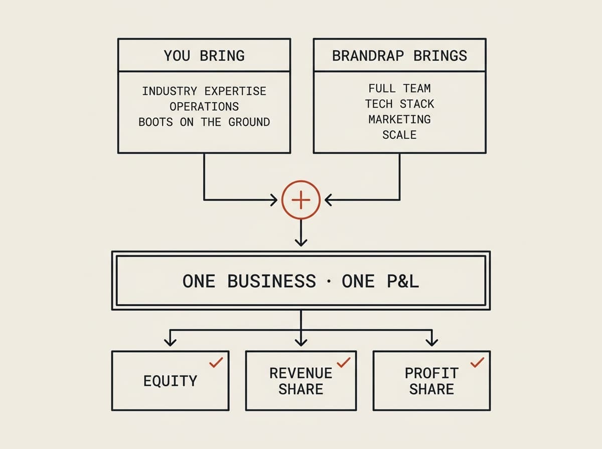 Flowchart: what you bring and what BrandRap brings merge into one business with one P&L, split as equity, revenue share, or profit share.