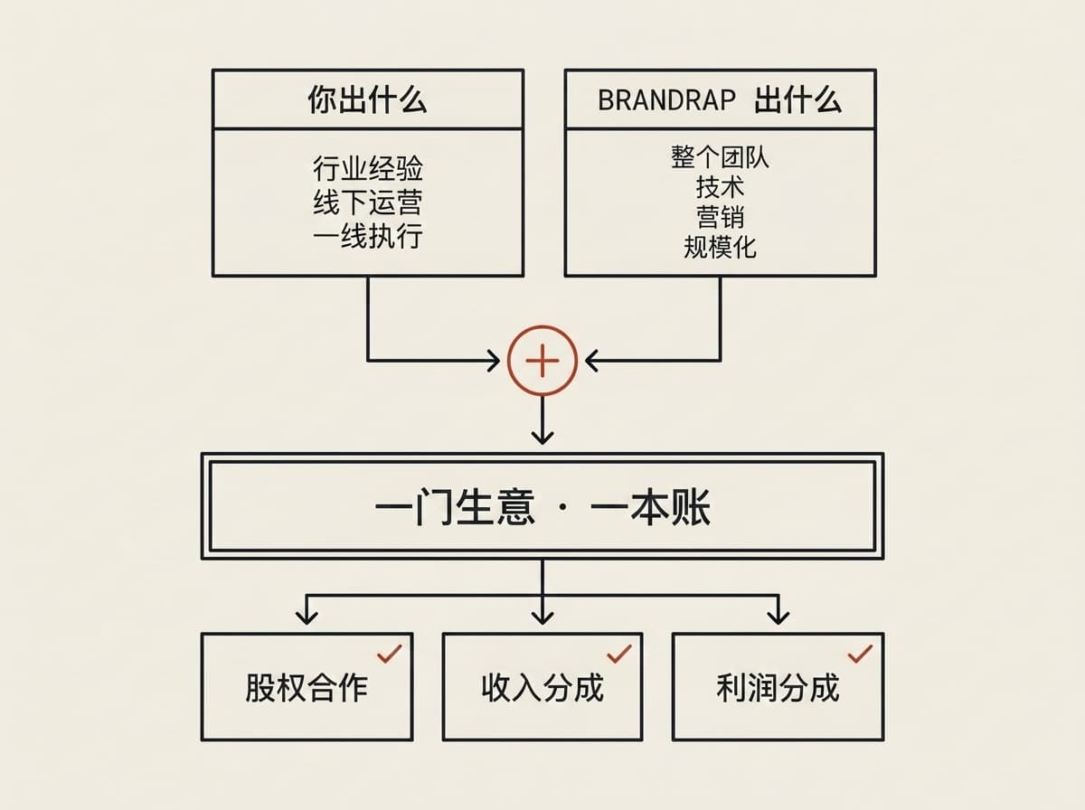 流程图:你出的东西和我们出的东西合到一起,变成一门生意、一本账,再按股权、收入分成或利润分成来分。