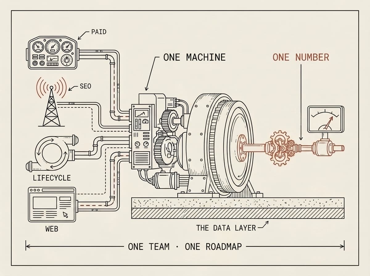 Schematic: paid, SEO, lifecycle, and web drive one machine bolted to the data layer, its output needle reading one number.