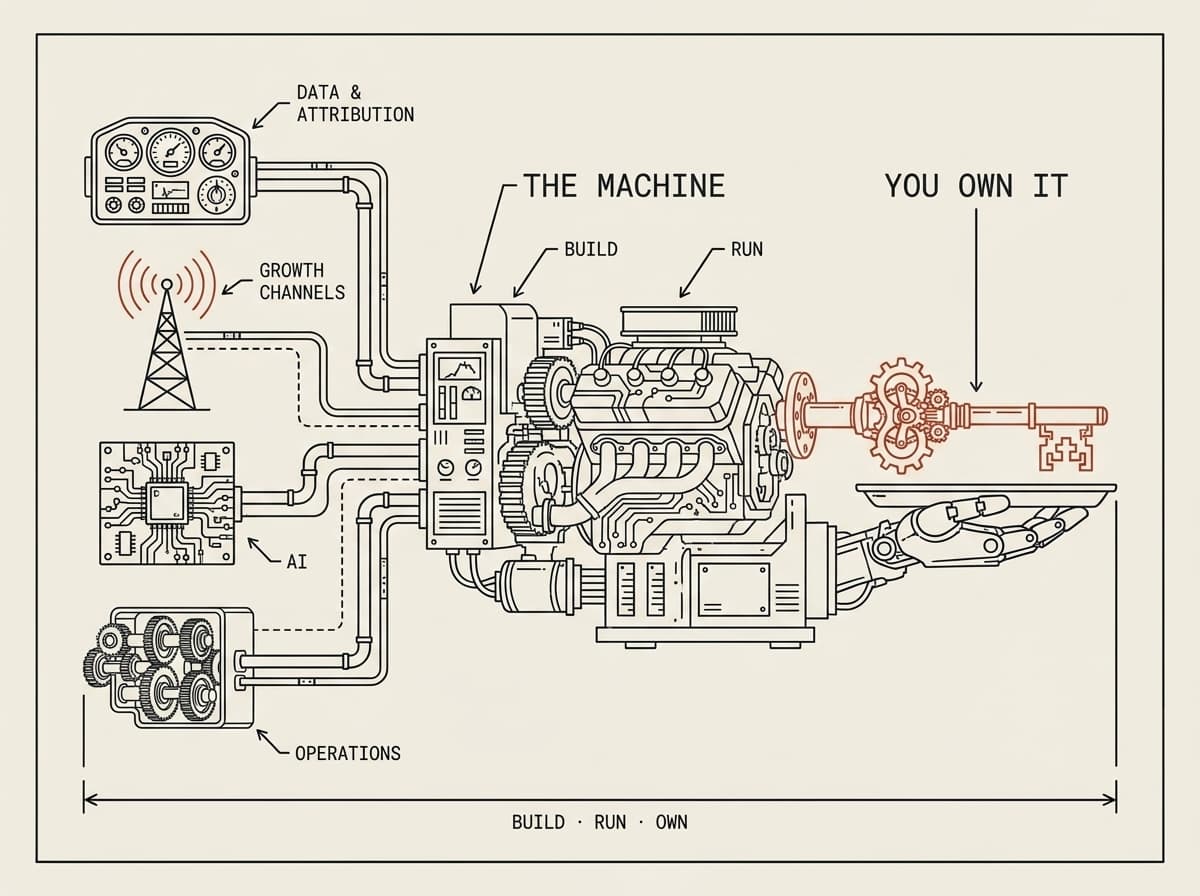 Schematic: data and attribution, growth channels, AI, and operations feed one machine. The machine hands over the key: you own it.