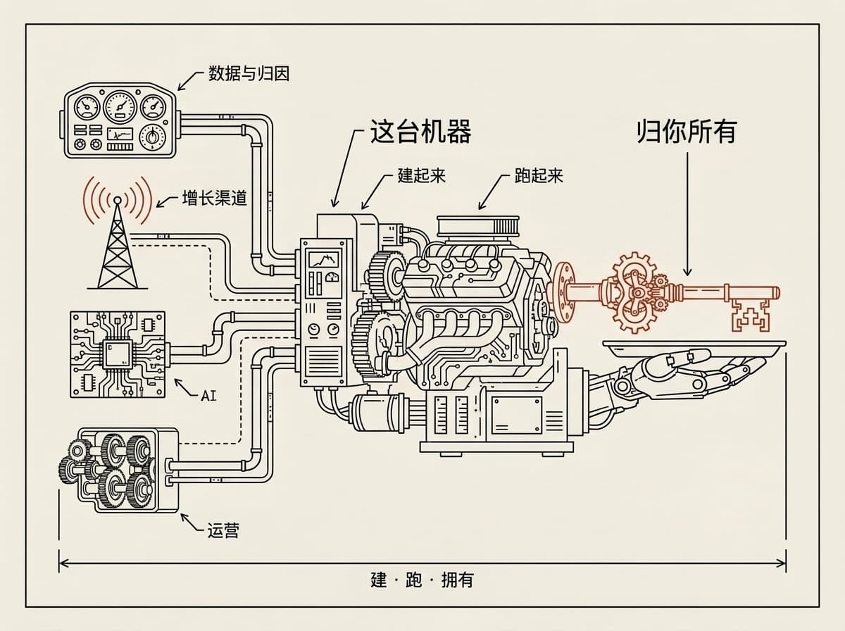 示意图:数据与归因、增长渠道、AI、运营,汇入同一台机器。机器把钥匙交出来:归你所有。