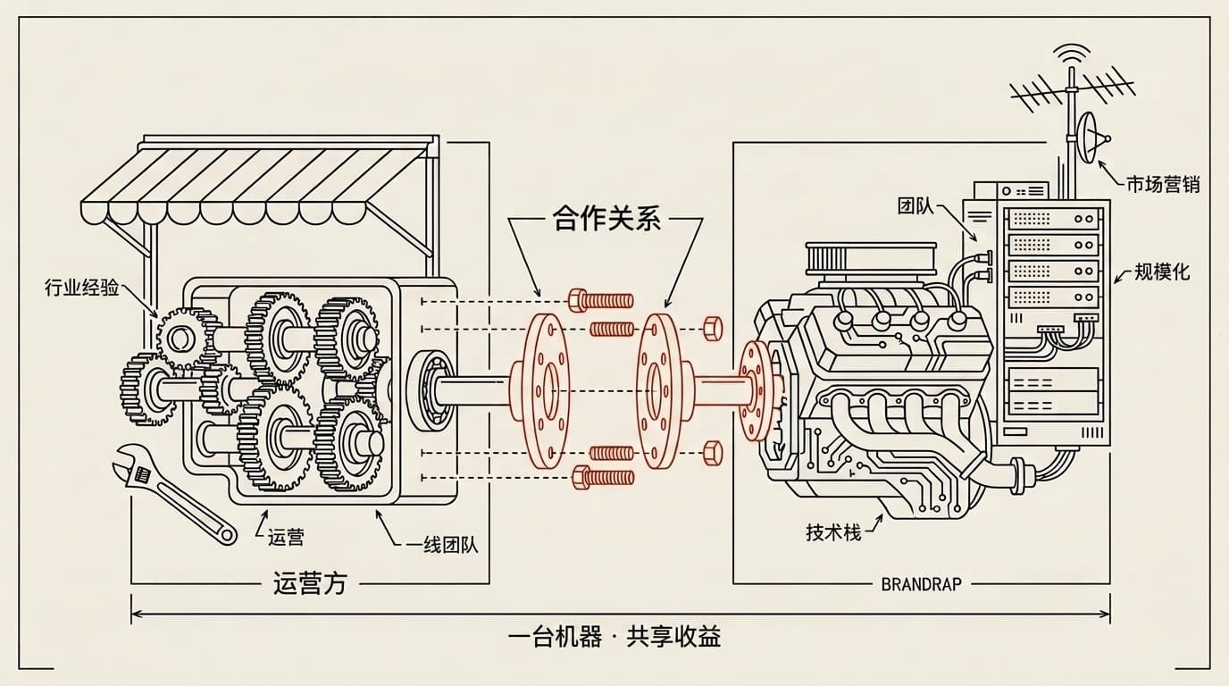 工程示意图:经营者的一半和 BrandRap 的一半,用螺栓拼成一台机器。