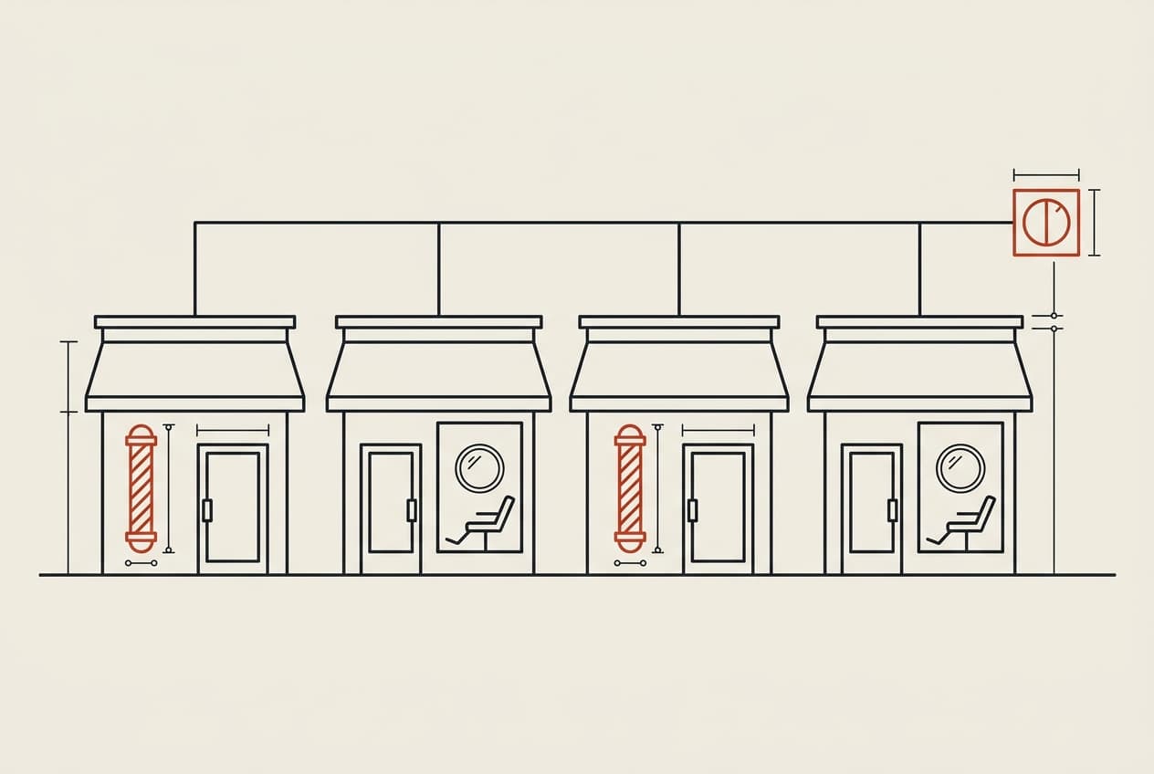 Elevation drawing: a row of barbershop and medspa storefronts wired to one shared control unit.