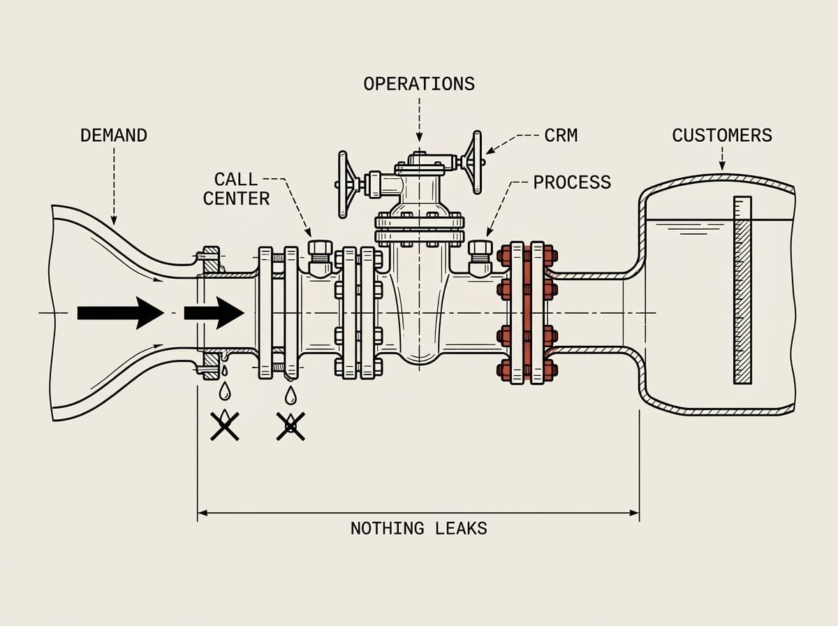 Schematic cross-section: demand flows through an operations valve fitted with call center, CRM, and process; leaks stop and customers collect.