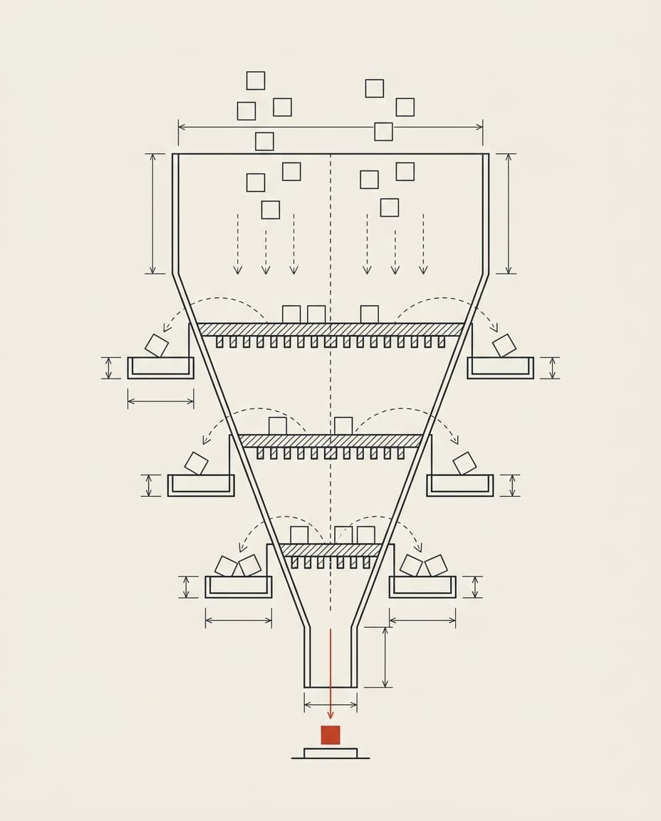 Cross-section of a selection funnel: many candidate squares enter, sieve plates deflect most, a single unit passes through.