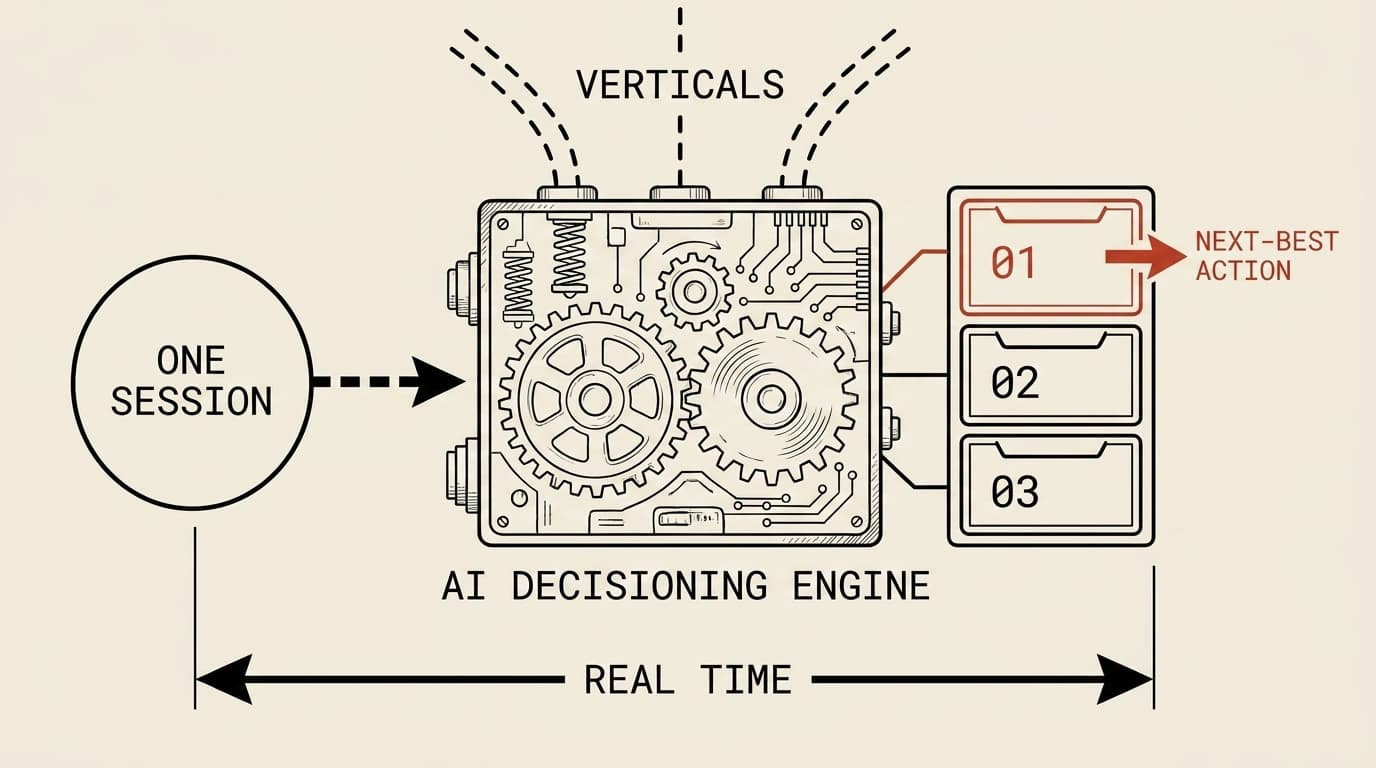 Schematic: one session enters the AI decisioning engine; a ranked next-best action comes out, in real time.