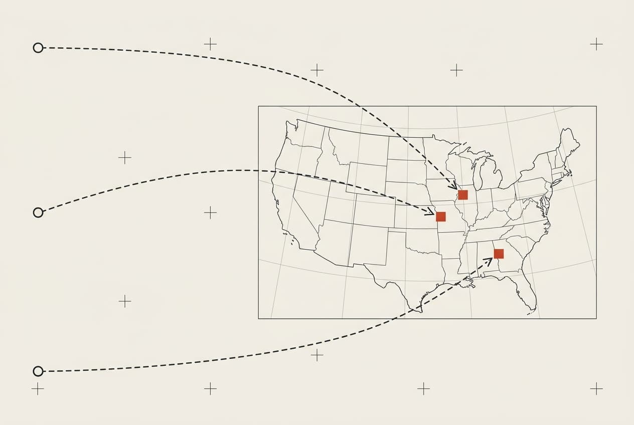Chart: dashed shipping routes converging from offshore onto a gridded map of the United States.